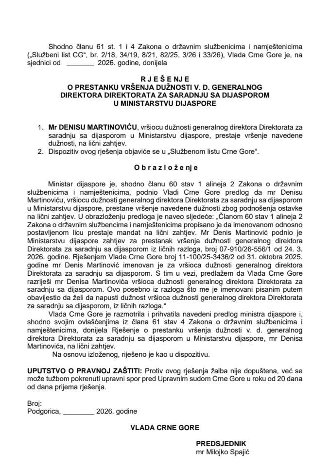 Predlog za prestanak vršenja dužnosti v.d. generalnog direktora Direktorata za saradnju sa dijasporom u Ministarstvu dijaspore