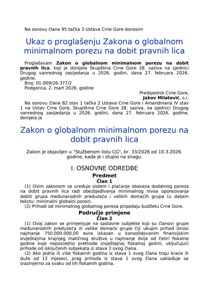 Zakon o globalnom minimalnom porezu na dobit pravnih lica