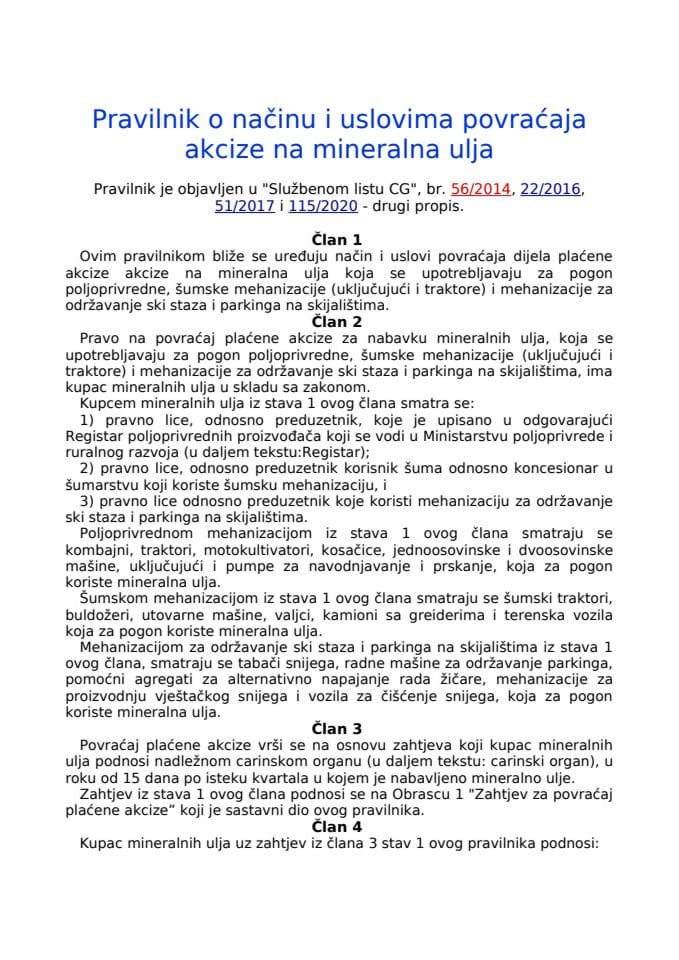 Pravilnik o načinu i uslovima povraćaja akcize na mineralna ulja