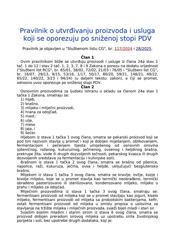 Pravilnik o utvrđivanju proizvoda i usluga koji se oporezuju po sniženoj stopi PDV