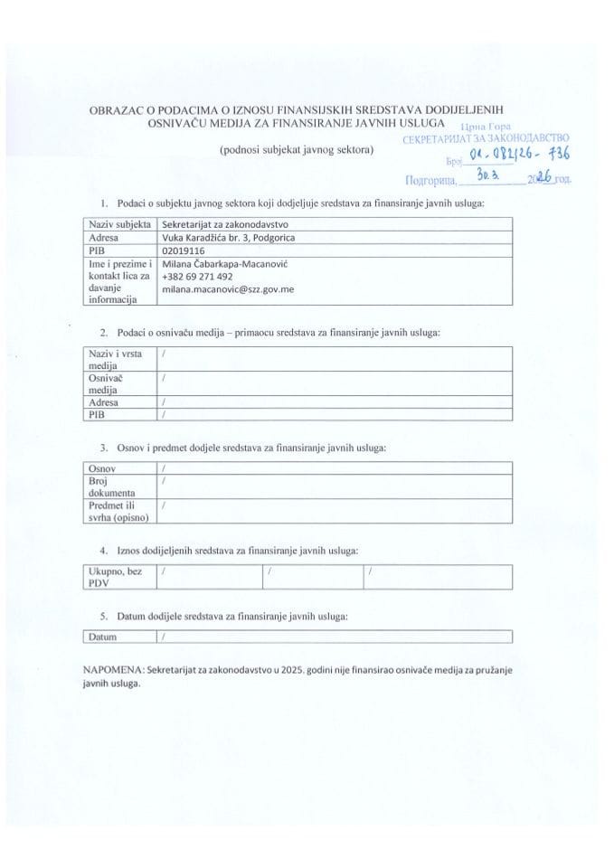Obrazac o podacima o iznosu finansijskih sredstava dodijeljenih osnivaču medija za finansiranje javnih usluga - SZZ 2025.