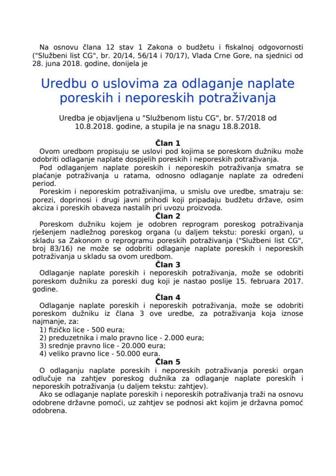 Uredba o uslovima za odlaganje naplate poreskih i neporeskih potraživanja