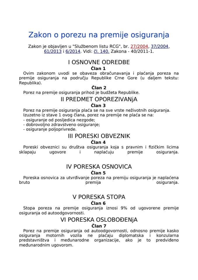 Zakon o porezu na premije osiguranja