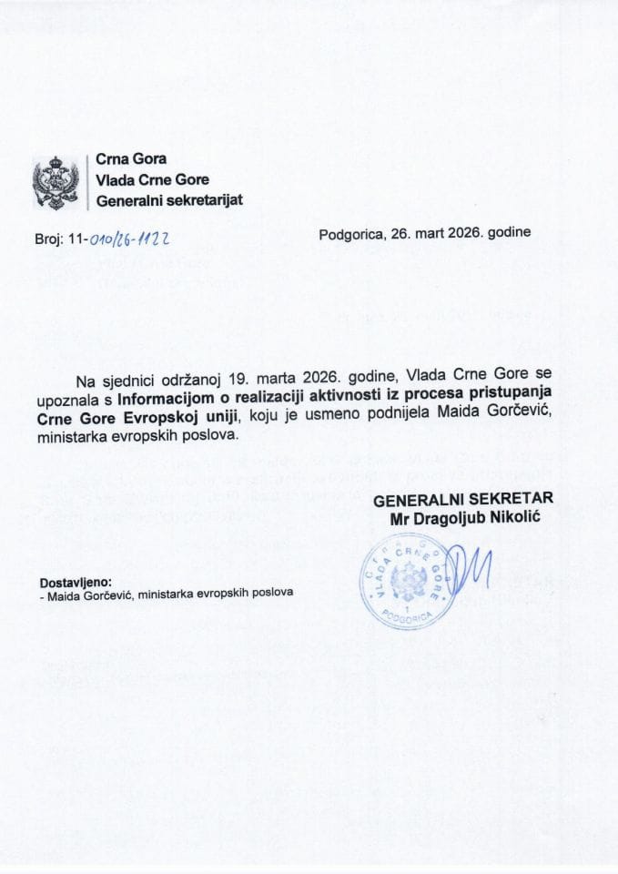 Usmena informacija o realizaciji aktivnosti iz procesa pristupanja Crne Gore Evropskoj uniji - Zaključci