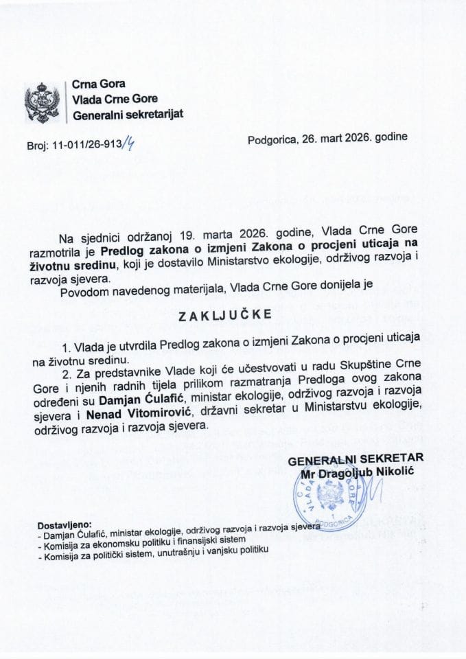 Predlog zakona o izmjeni Zakona o procjeni uticaja na životnu sredinu - Zaključci