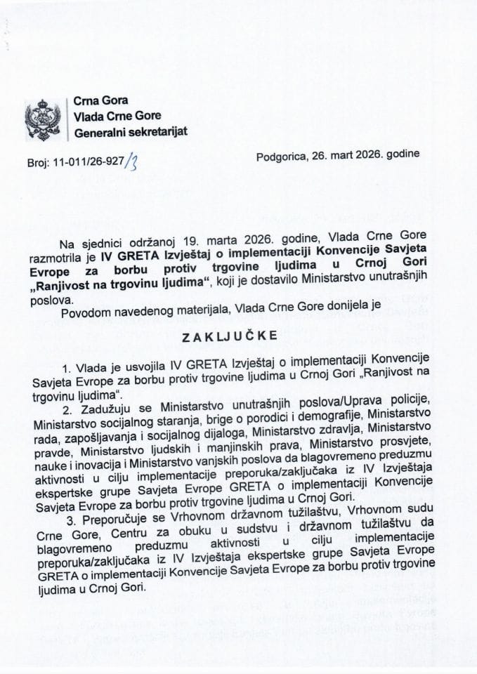 IV GRETA Izvještaj o implementaciji Konvencije Savjeta Evrope za borbu protiv trgovine ljudima u Crnoj Gori „Ranjivost na trgovinu ljudima“ (bez rasprave) - Zaključci