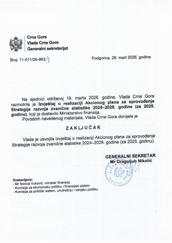 Izvještaj o realizaciji Akcionog plana za sprovođenje Strategije razvoja zvanične statistike 2024-2028. godina (za 2025. godinu) - Zaključci