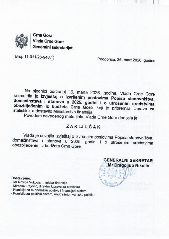 Izvještaj o izvršenim poslovima Popisa stanovništva, domaćinstava i stanova u 2025. godini i o utrošenim sredstvima obezbijeđenim iz Budžeta Crne Gore - Zaključci