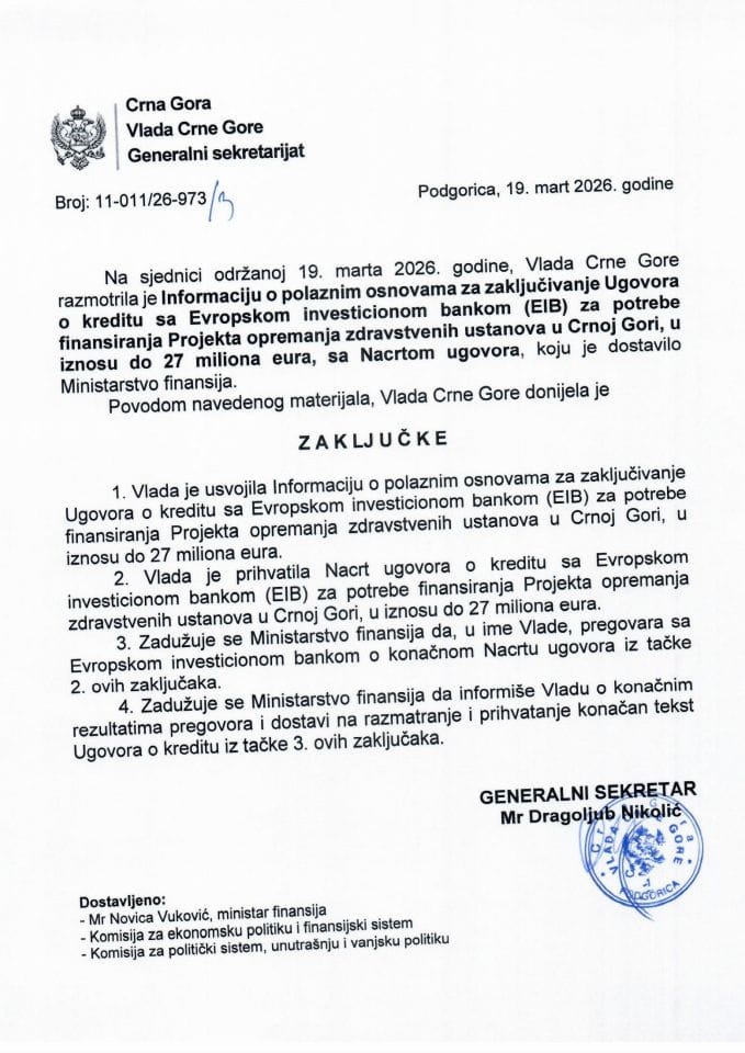 Informacija o polaznim osnovama za zaključivanje Ugovora o kreditu sa Evropskom investicionom bankom (EIB) za potrebe finansiranja Projekta opremanja zdravstvenih ustanova u Crnoj Gori, u iznosu do 27 miliona eura - Zaključci