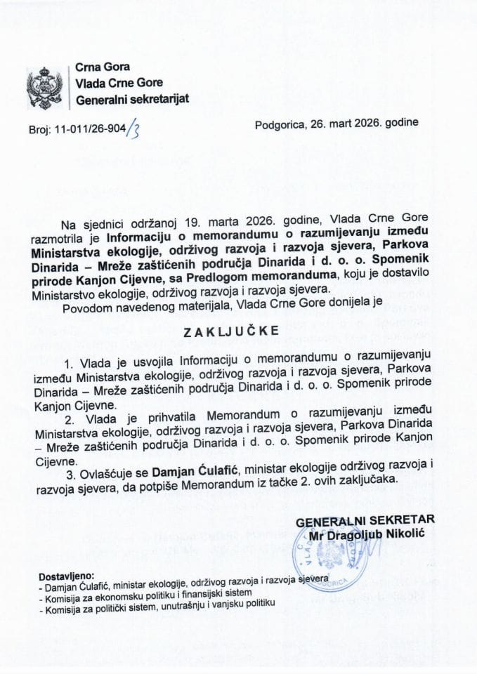 Informacija o memorandumu o razumijevanju između Ministarstva ekologije, održivog razvoja i razvoja sjevera, Parkova Dinarida – Mreže zaštićenih područja Dinarida i D.O.O. Spomenik prirode Kanjon Cijevne sa Predlogom memoranduma - Zakključci