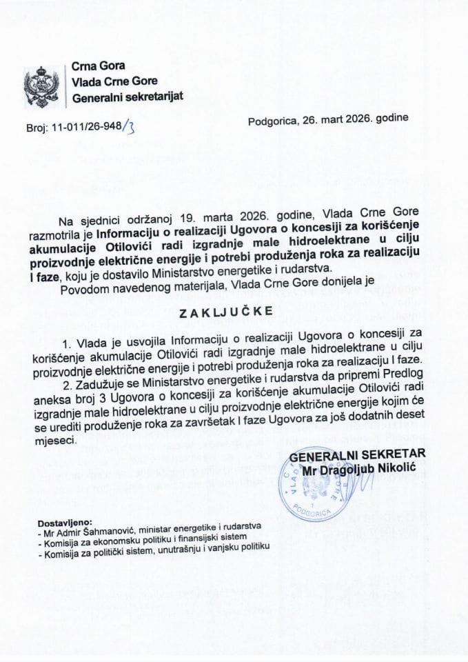 Informacija o realizaciji Ugovora o koncesiji za korišćenje akumulacije Otilovići radi izgradnje male hidroelektrane u cilju proizvodnje električne energije i potrebi produženja roka za realizaciju I faze - Zaključci