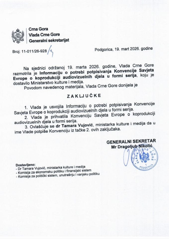 Informacija o potrebi potpisivanja Konvencije Savjeta Evrope o koprodukciji audiovizuelnih djela u formi serija - Zaključci