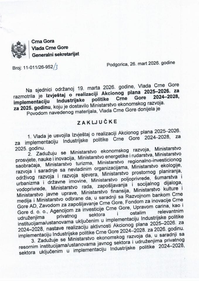 Izvještaj o realizaciji Akcionog plana 2025-2026. za implementaciju Industrijske politike Crne Gore 2024-2028, za 2025. godinu - Zaključci