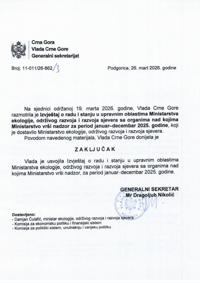 Izvještaj o radu i stanju u upravnim oblastima Ministarstva ekologije, održivog razvoja i razvoja sjevera sa organima nad kojima Ministarstvo vrši nadzor, za period januar-decembar 2025. godine - Zaključci