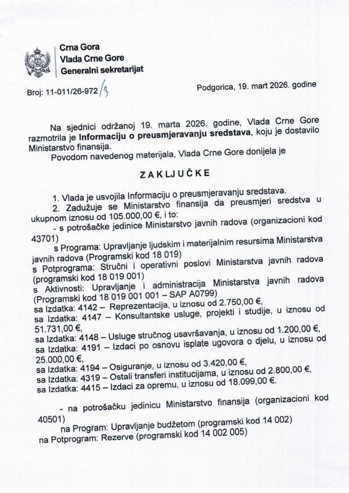 Informacija o preusmjeravanju sredstava - Zaključci