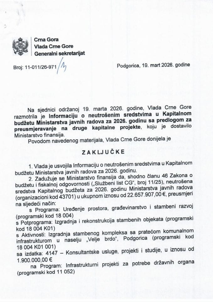 Informacija o neutrošenim sredstvima u Kapitalnom budžetu Ministarstva javnih radova za 2026. godinu sa predlogom za preusmjeravanje na druge kapitalne projekte - Zaključci
