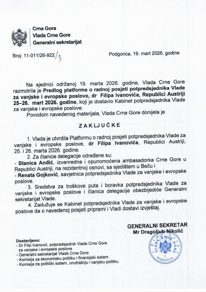 Predlog platforme za radnu posjetu potpredsjednika Vlade za vanjske i evropske poslove dr Filipa Ivanovića Republici Austriji, Beč, 25-26. mart 2026. godine - Zaključci