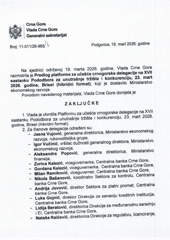 Predlog platforme za učešće crnogorske delegacije na XVII sastanku Pododbora za unutrašnje tržište i konkurenciju, 23. mart 2026. godine, Brisel (hibridni format) - Zaključci