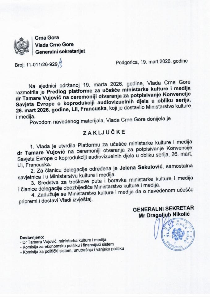 Predlog platforme za učešće ministarke kulture i medija dr Tamare Vujović na ceremoniji otvaranja za potpisivanje Konvencije Savjeta Evrope o koprodukciji audiovizuelnih djela u obliku serija, 26. mart 2026. godine, Lil, Francuska - Zaključci