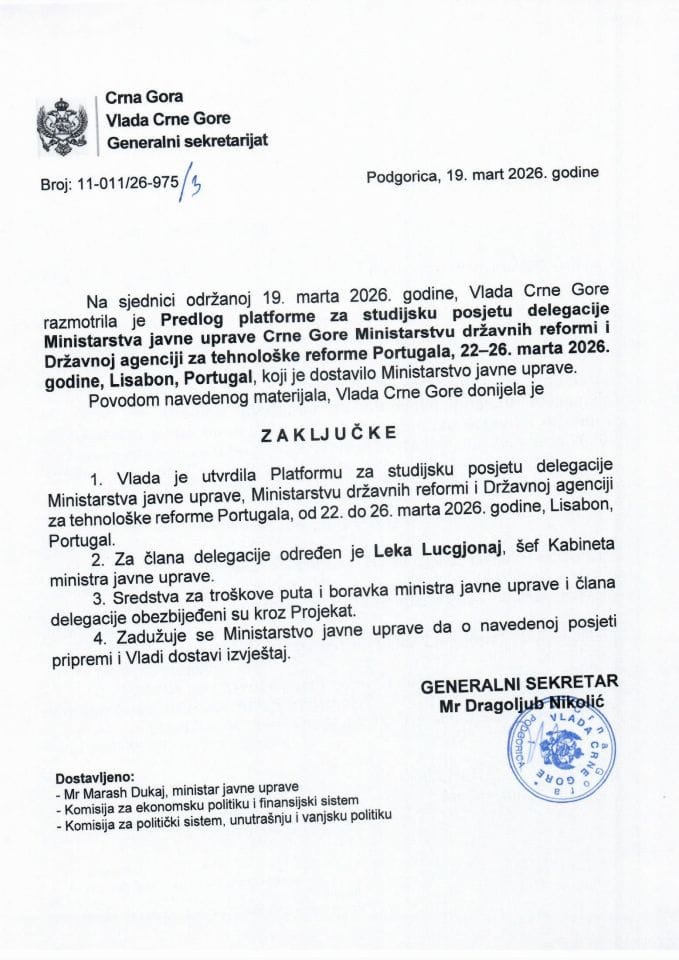 Predlog platforme za studijsku posjetu delegacije Ministarstva javne uprave Crne Gore, Ministarstvu državnih reformi i Državnoj agenciji za tehnološke reforme Portugala, 22–26. marta 2026. godine, Lisabon, Portugal - Zaključci