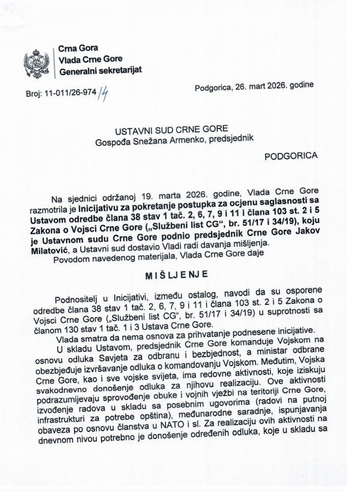Predlog mišljenja na Predlog za ocjenu saglasnosti sa Ustavom odredaba člana 38 stav 1 tač. 2, 6, 7, 9 i 11 i člana 103 st. 2 i 5 Zakona o Vojsci Crne Gore („Službeni list CG“, br. 51/17 i 34/19), koju je podnio predsjednik Crne Gore - Zaključci