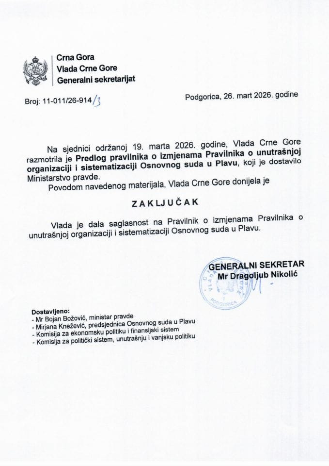 Predlog pravilnika o izmjenama Pravilnika o unutrašnjoj organizaciji i sistematizaciji Osnovnog suda u Plavu - Zaključci