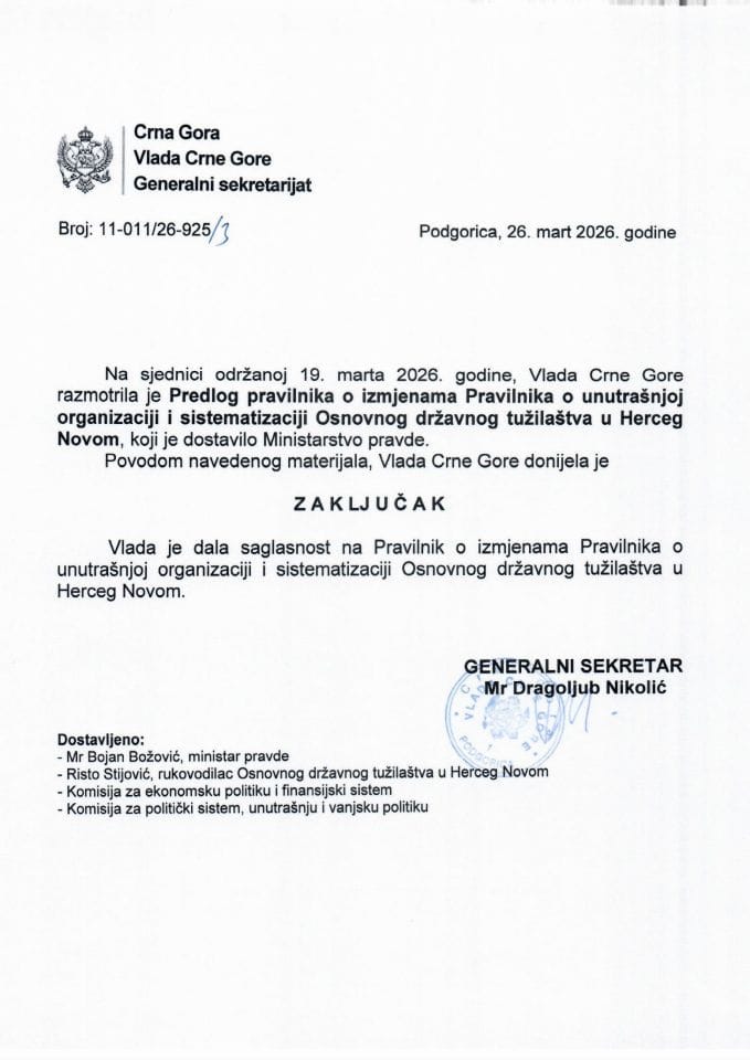 Predlog pravilnika o izmjenama Pravilnika o unutrašnjoj organizaciji i sistematizaciji Osnovnog državnog tužilaštva u Herceg Novom - Zaključci