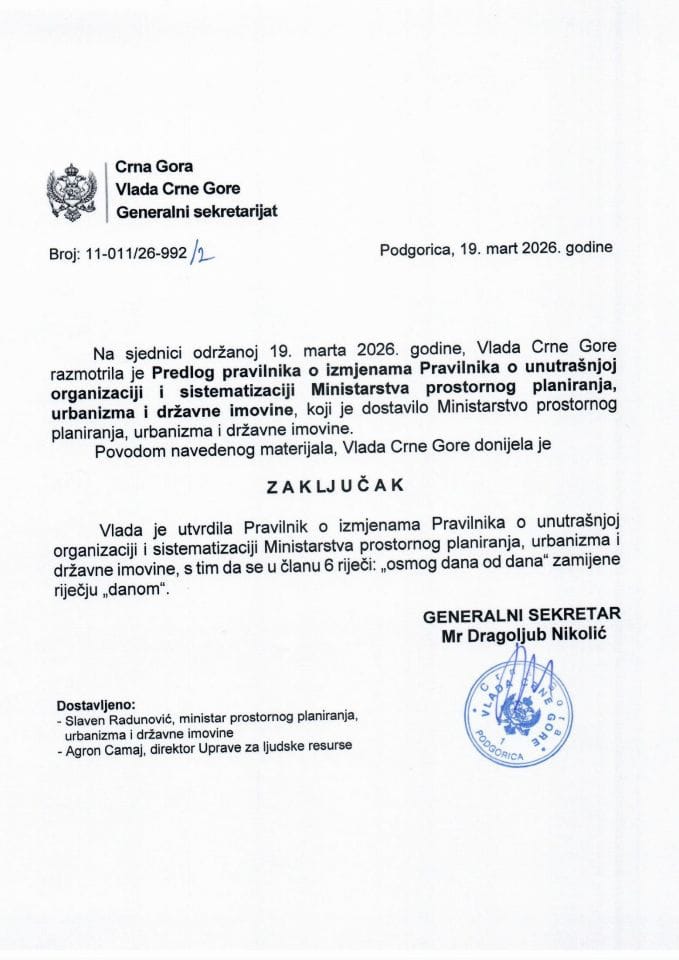 Predlog pravilnika o izmjenama Pravilnika o unutrašnjoj organizaciji i sistematizaciji Ministarstva prostornog planiranja, urbanizma i državne imovine - Zaključci