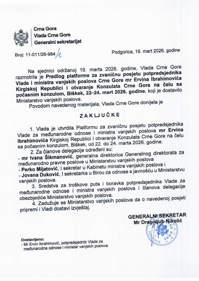 Predlog platforme za zvaničnu posjetu potpredsjednika Vlade za međunarodne odnose i ministra vanjskih poslova Crne Gore mr Ervina Ibrahimovića Kirgiskoj Republici i otvaranje Konzulata Crne Gore na čelu sa počasnim konzulom, Biškek -Zaključci