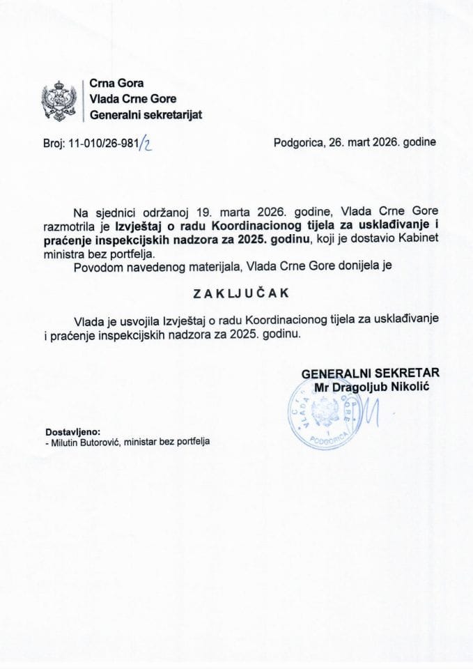 Izvještaj o radu Koordinacionog tijela za usklađivanje i praćenje inspekcijskih nadzora za 2025. godinu - Zaključci