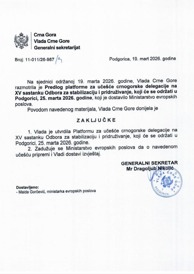 Predlog platforme za učešće crnogorske delegacije na XV sastanku Odbora za stabilizaciju i pridruživanje, koji će se održati u Podgorici, 25. marta 2026. godine - Zaključci