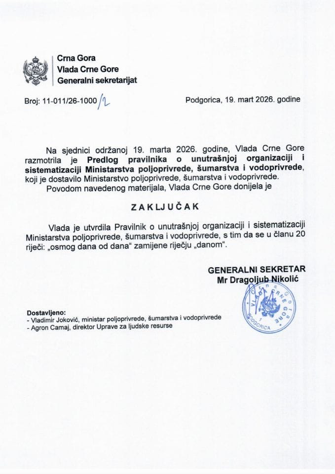 Predlog pravilnika o unutrašnjoj organizaciji i sistematizaciji Ministarstva poljoprivrede, šumarstva i vodopriverde - Zaključci