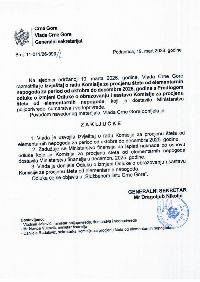 Izvještaj o radu Komisije za procjenu šteta od elementarnih nepogoda za period od oktobra do decembra 2025. godine sa Predlogom odluke o izmjeni Odluke o obrazovanju i sastavu Komisije za procjenu šteta od elementarnih nepogoda - Zaključci