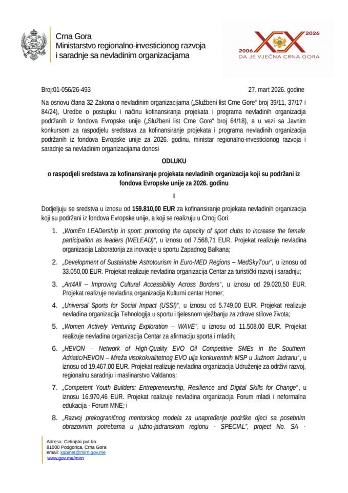 Odluka o raspodjeli sredstava za kofinansiranje projekata NVO pdf