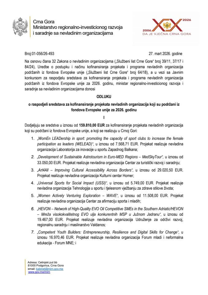 Odluka o raspodjeli sredstava za kofinansiranje projekata NVO word