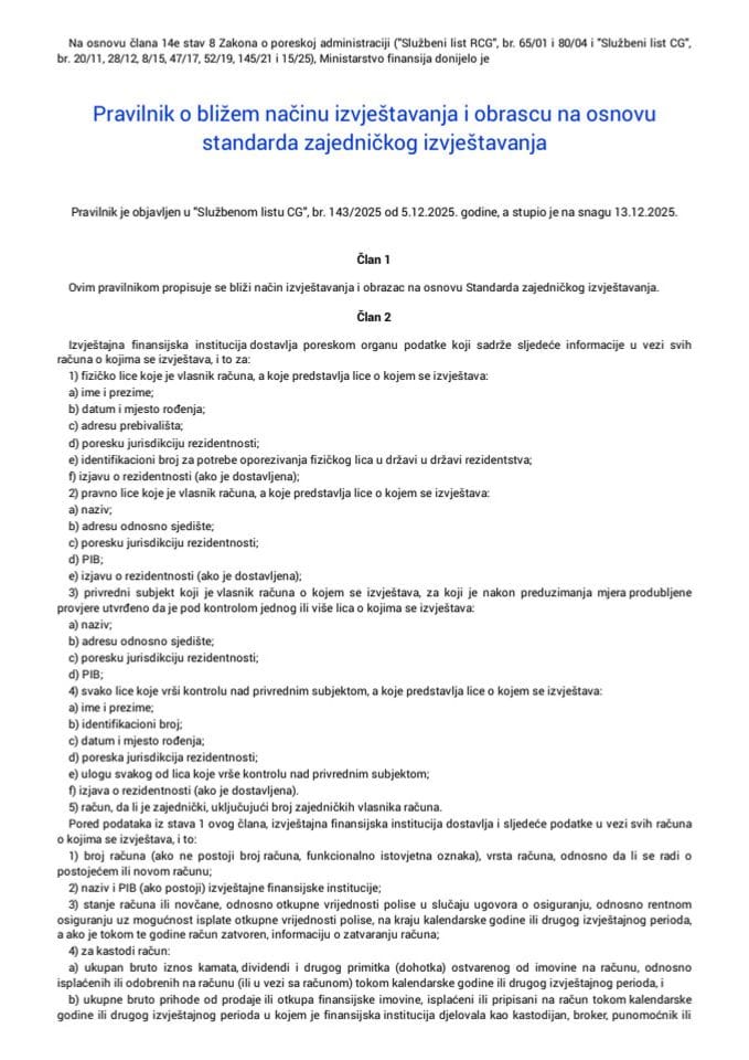 Pravilnik o bližem načinu izvještavanja i obrascu na osnovu standarda zajedničkog izvještavanja