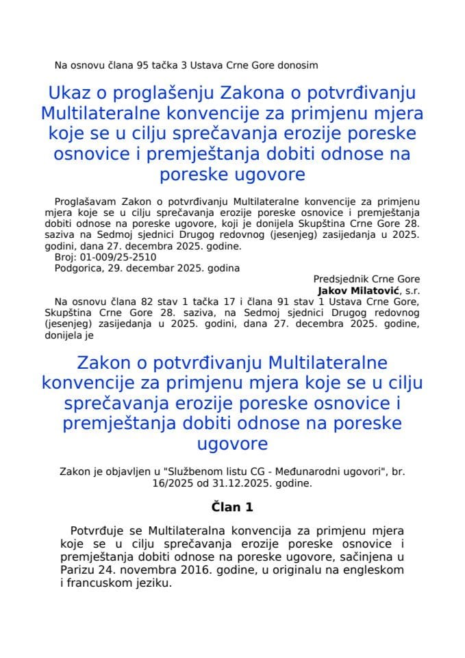 Zakon o potvrđivanju Multilateralne konvencije za primjenu mjera koje se u cilju sprečavanja erozije poreske osnovice i premještanja dobiti odnose na poreske ugovore