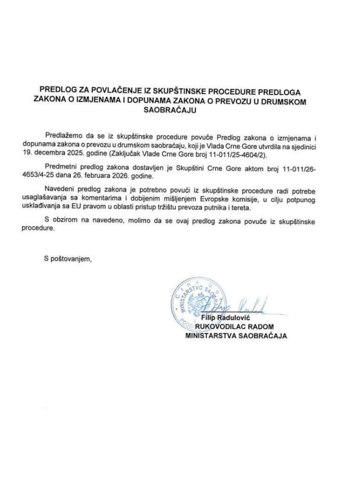 Predlog za povlačenje iz skupštinske procedure Predloga zakona o izmjenama i dopunama Zakona o prevozu u drumskom saobraćaju