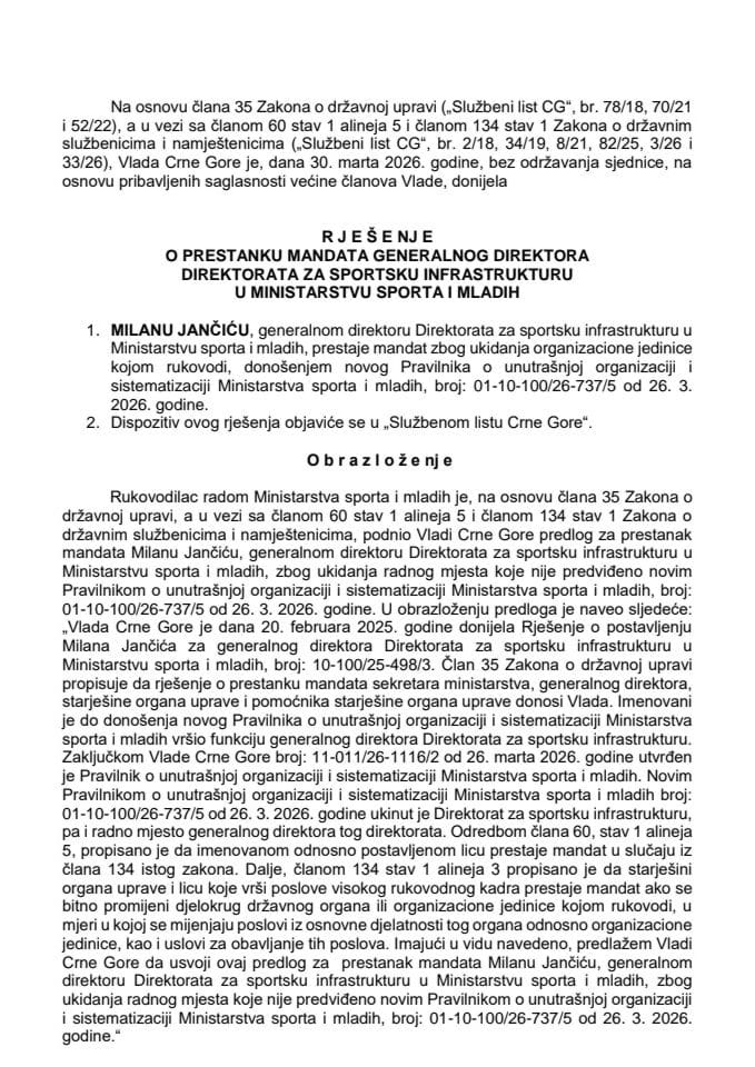 Predlog za prestanak mandata generalnog direktora Direktorata za sportsku infrastrukturu u Ministarstvu sporta i mladih