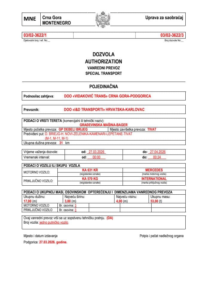 VIDAKOVIĆ TRANS 03-02-3622-I&D TRANS