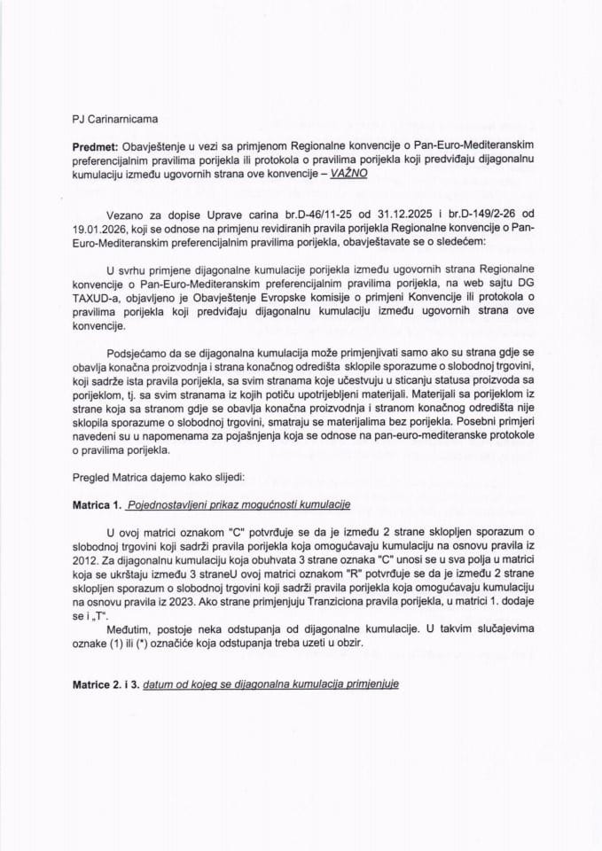Obavještenje o primjeni dijag.kumulacije porijekla u PEM zoni na dan 01.03.2026.