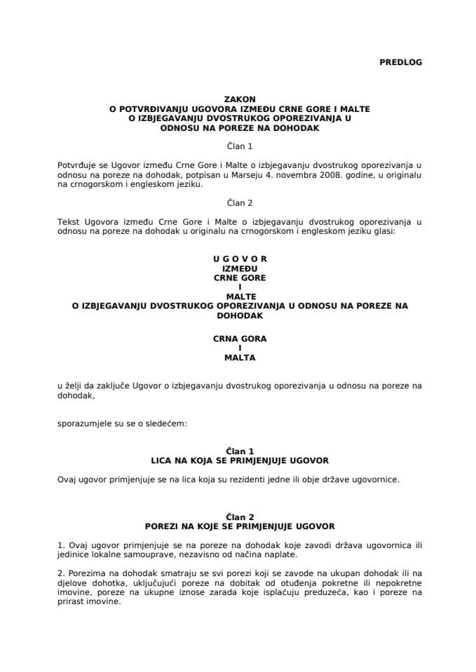 Zakon o potvrđivanju Ugovora između Crne Gore i Malte o izbjegavanju dvostrukog oporezivanja u odnosu na poreze na dohodak