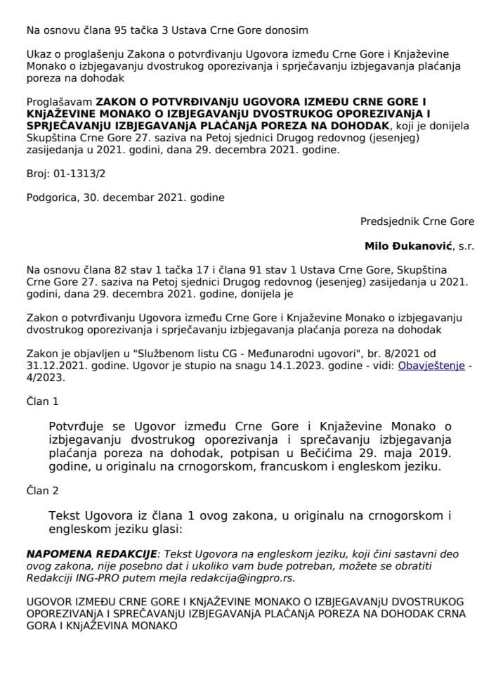 Zakon o potvrđivanju Ugovora između Crne Gore i Knjaževine Monako o izbjegavanju dvostrukog oporezivanja i sprječavanju izbjegavanja plaćanja poreza na dohodak