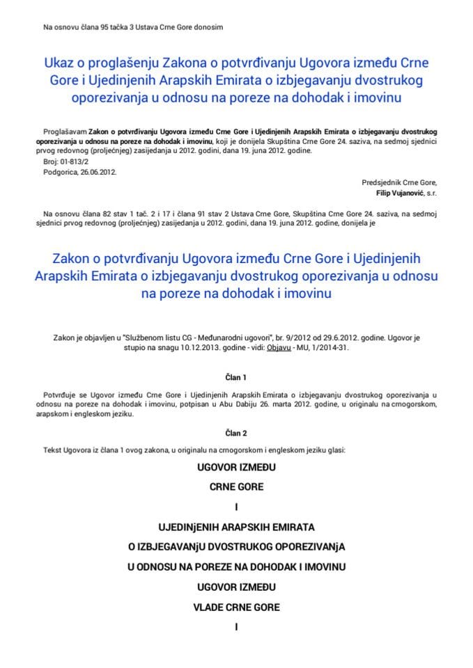Zakon o potvrđivanju Ugovora između Crne Gore i Ujedinjenih Arapskih Emirata o izbjegavanju dvostrukog oporezivanja u odnosu na poreze na dohodak i imovinu