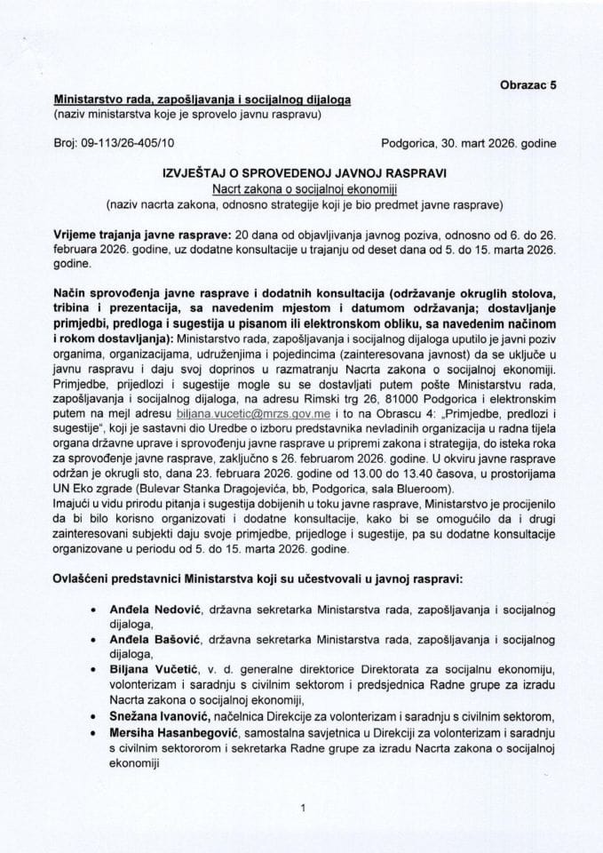 Izvještaj sa javne rasprave za Nacrt zakona o socijalnoj ekonomiji 30. mart 2026