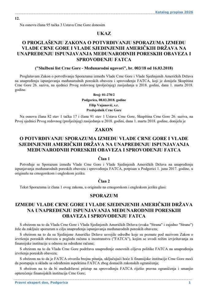 Ukaz o potvrđivanju Sporazuma FATCA