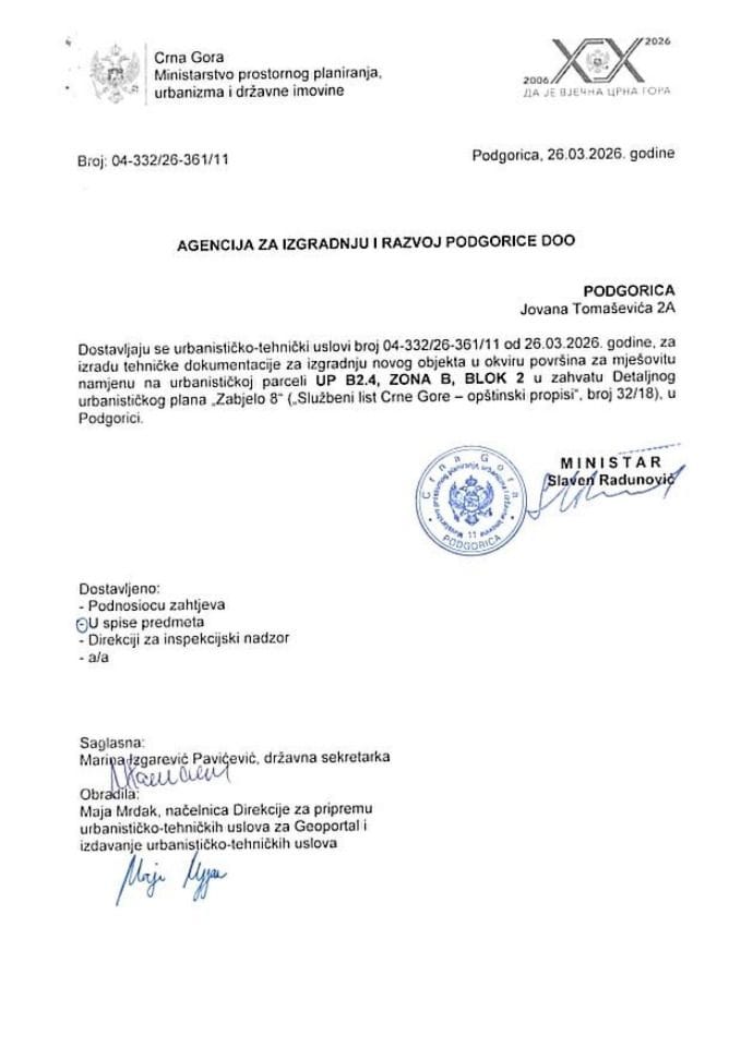Izdati urbanističko-tehnički uslovi - 04-332-26-361-11 AGENCIJA ZA IZGRADNJU I RAZVOJ PODGORICE DOO