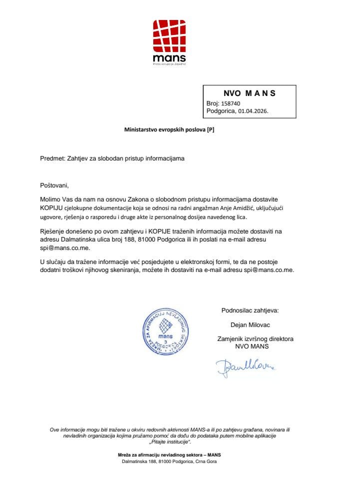 Zahtjev za slobodan pristup informacijama NVO MANS
