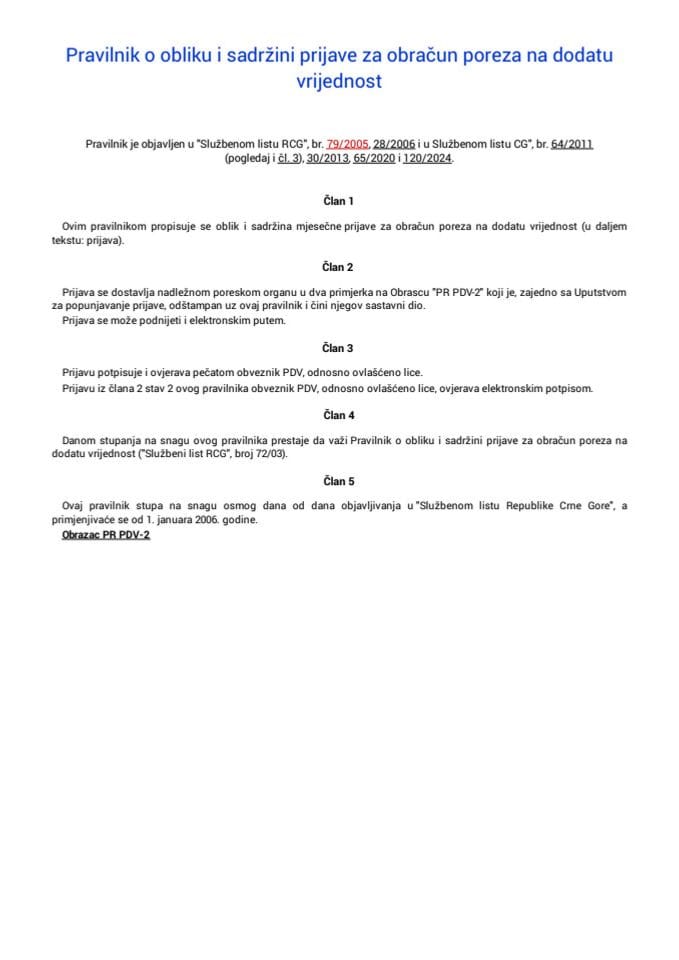 Pravilnik o obliku i sadržini prijave za obračun poreza na dodatu
