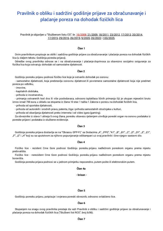 Pravilnik o obliku i sadržini godišnje prijave za obračunavanje i plaćanje poreza na dohodak fizičkih lica
